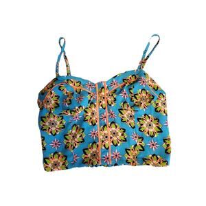 Flying Tomato Blue Crop Top Boho, Retro Floral Pattern Size S EUC